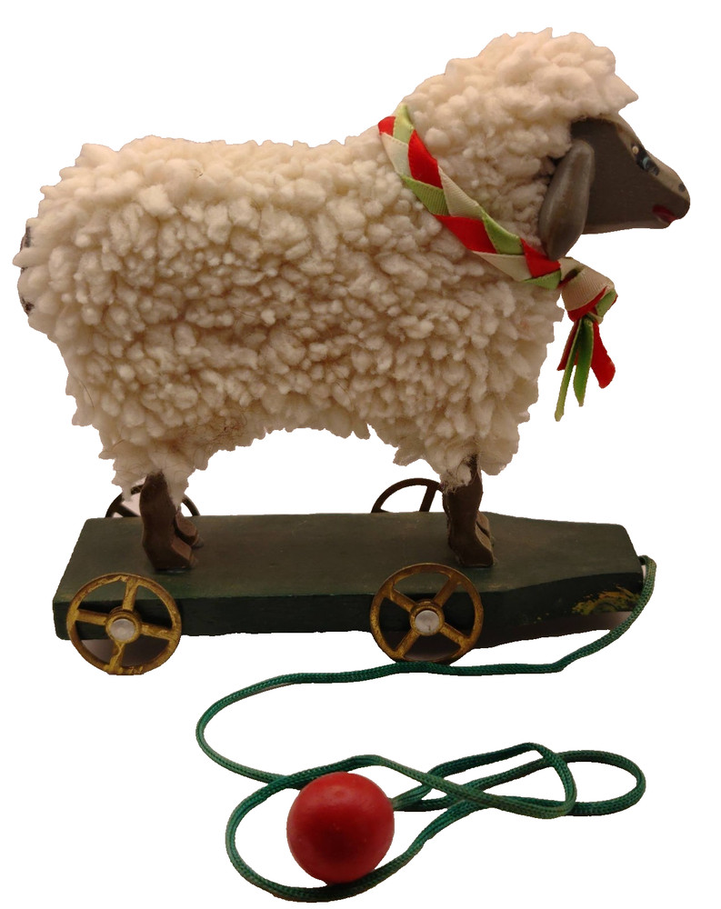 Rustic Miniature Wooden and fFleece Sheep Pull Toy