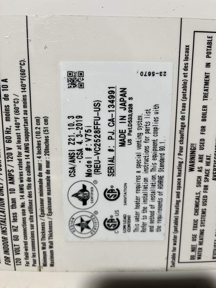 Rinnai V75iN Indoor Tankless Water Heater 180k BTU Natural Gas (B-23 #1493)