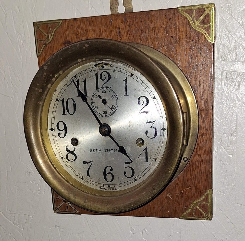Rare Antique Seth Thomas Ship's Deck Clock Wall Engine-Room Maritime Working