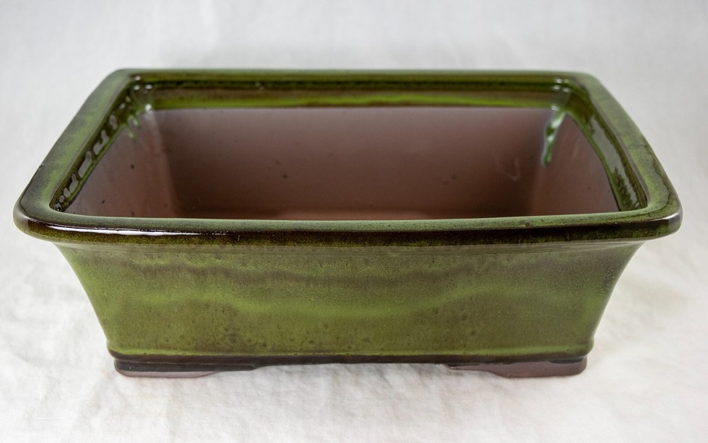 10" Rectangular Moss Green Glazed Cactus & Succulent, Bonsai Planter - Pot/Set