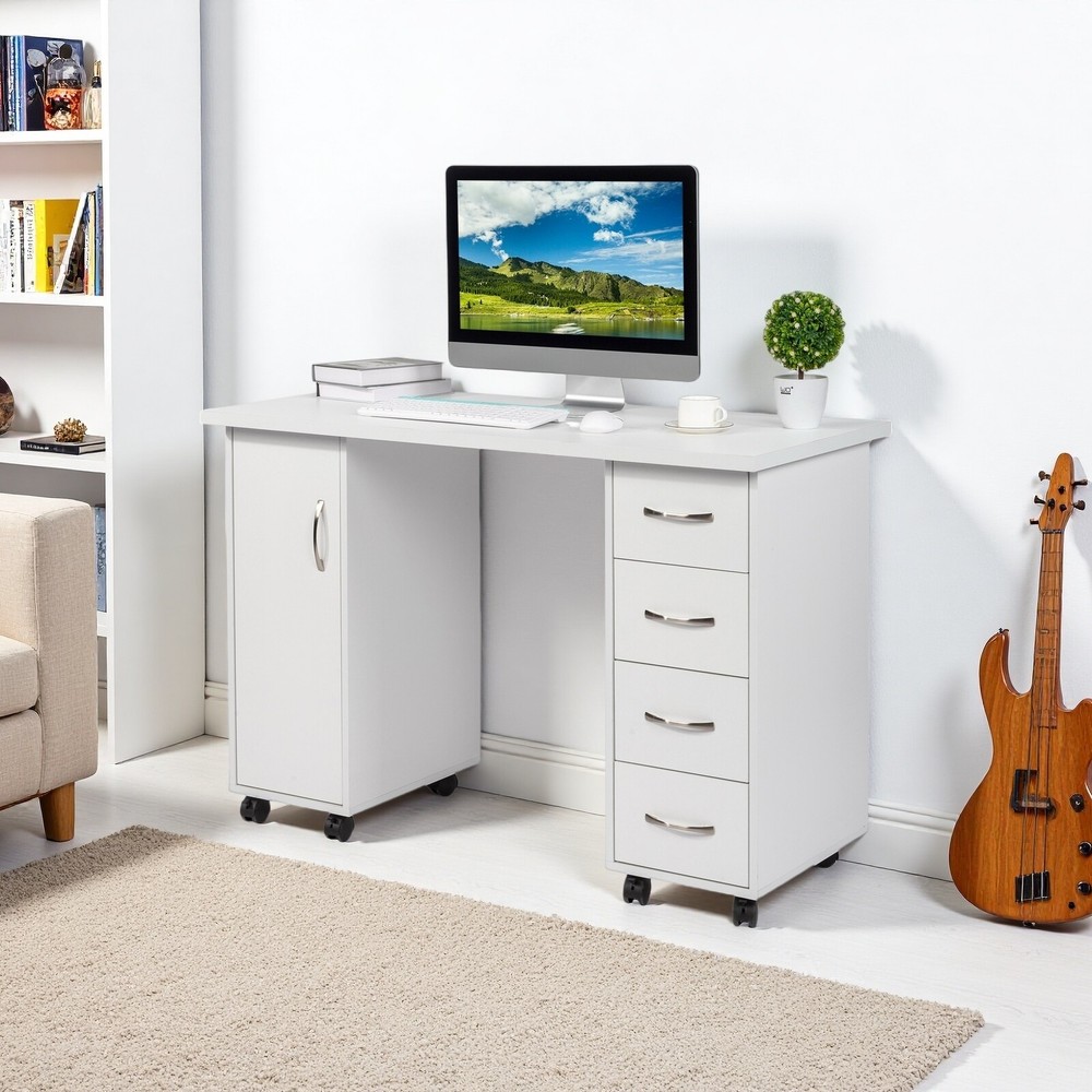 Rolling Computer Desk - White, 4-Drawer, Shelves Storage & MDF ​Nail Table​