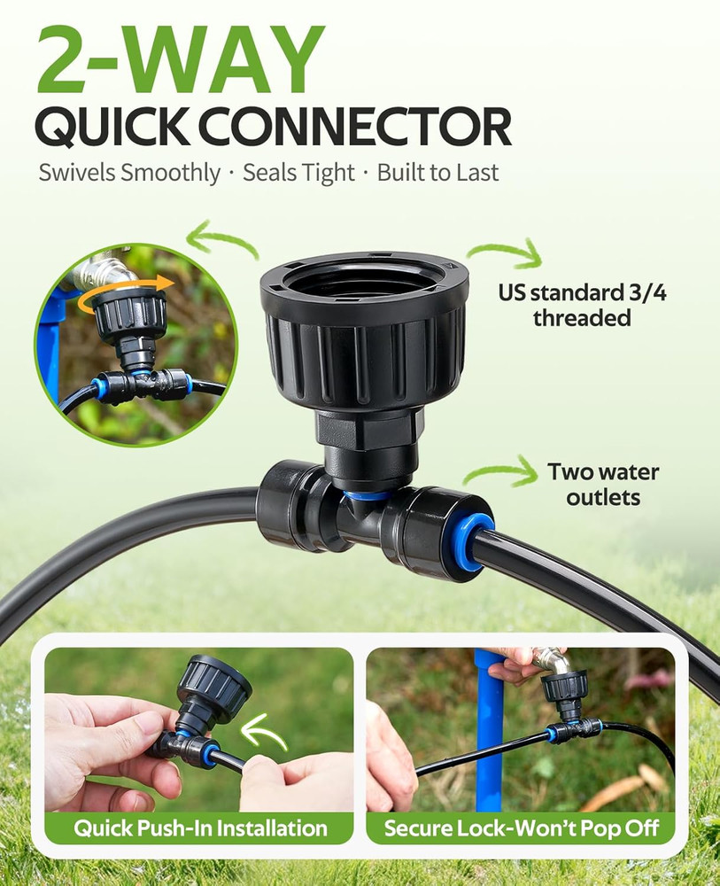 100FT Pressure Compensated Drip Irrigation System with Timer, No-Leak Quick Conn