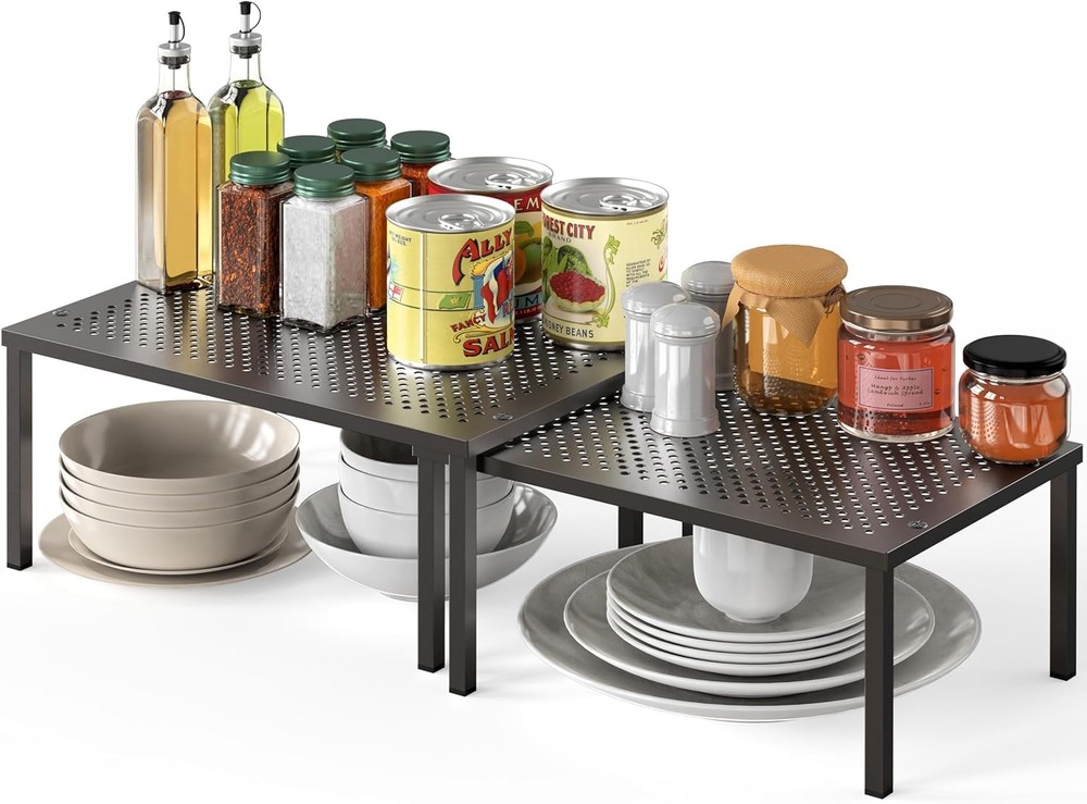 Expandable Stackable Cabinet & Counter Shelf Organizer W/ Steel Surface Bronze