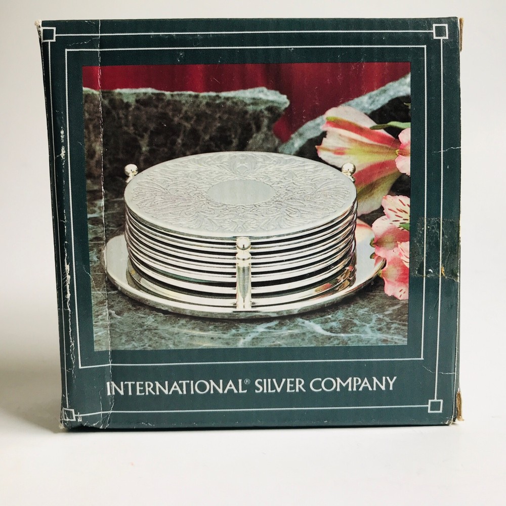 1992 Internatl. Silver Co Silverplated 7 pc COASTER SET-6 Embossed Coasters+Rack