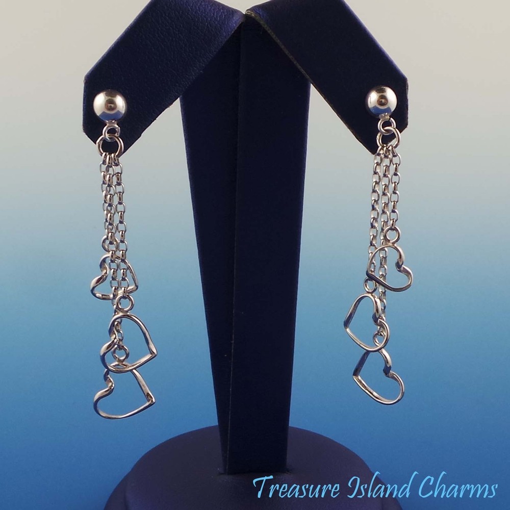 Hearts Three-Strand Tassel 925 Sterling Silver Stud Earrings Drop Dangle