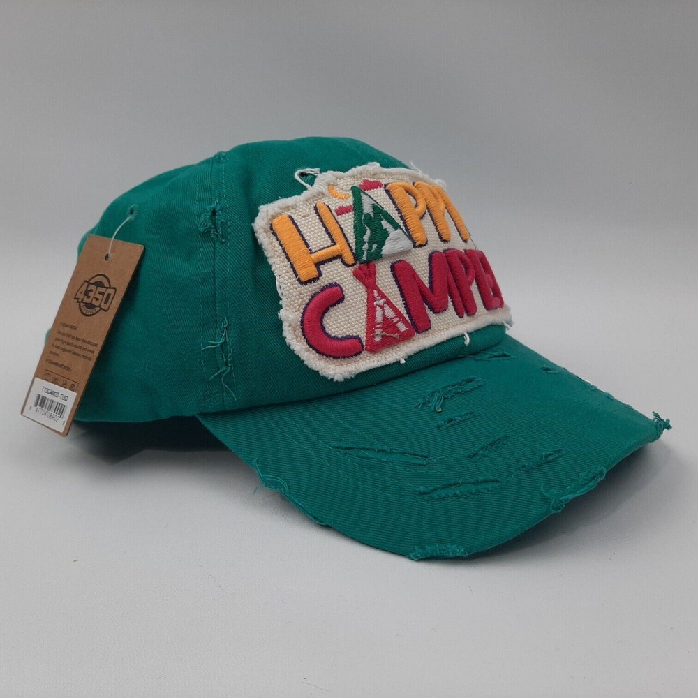 Happy Camper Curved Bill Distressed Cap Puff Embroidered Patch Teal Blue