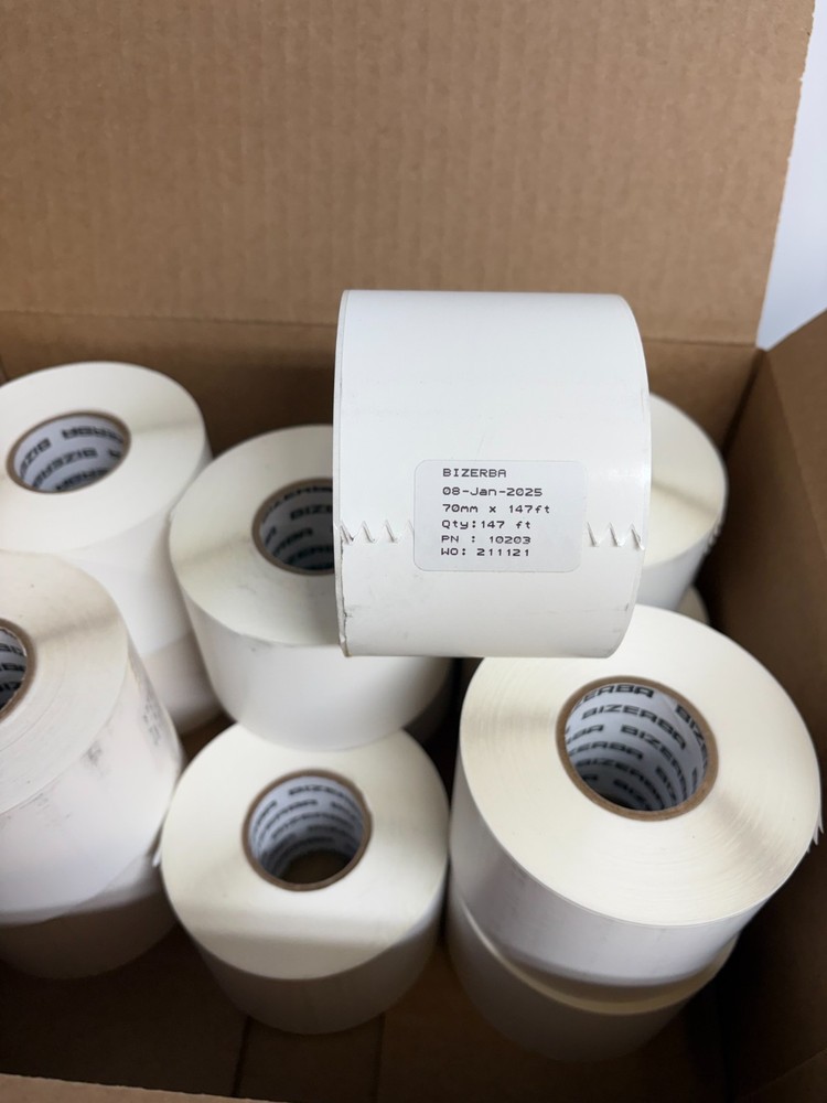 12 ROLLS BIZERBA THERMAL LABEL PRINTER PAPER 70mm x 147ft, 40mm CORE, White