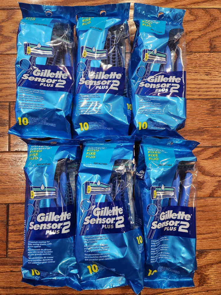 6 PACK GILLETTE SENSOR2 PLUS 10 DISPOSABLE RAZORS EACH ULTRAGRIP FIXED CHROMIUM