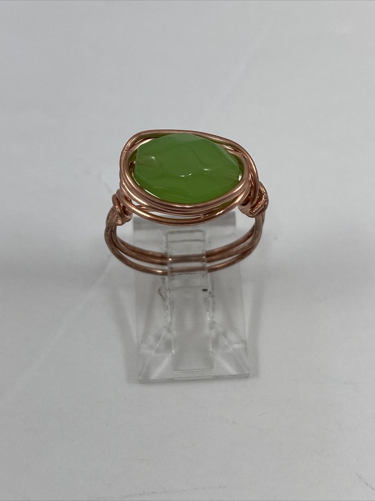 Handmade ~ Copper Wire Wrap ~ Green Glass Bead Ring ~ Size   6 #152