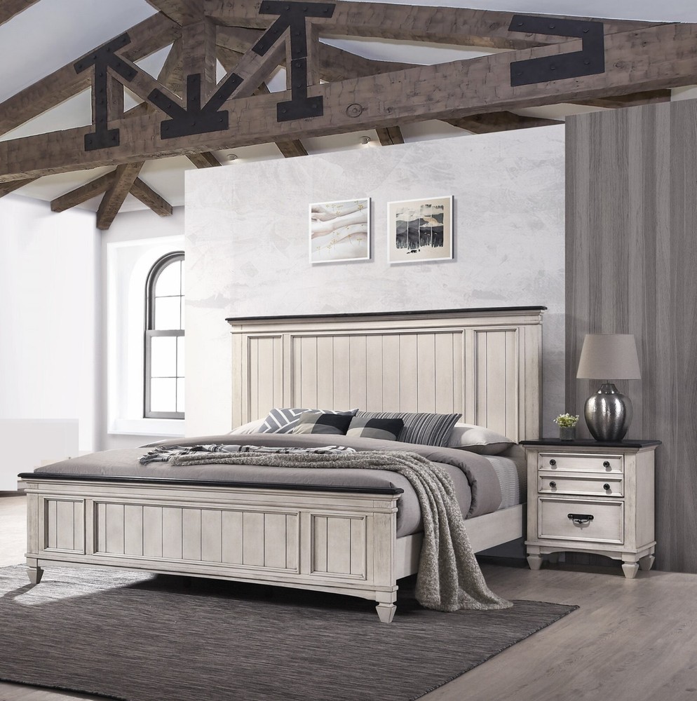 Rustic Cottage Style 3pc King Panel Bed Set Beige Finish Solid Wood Bedroom