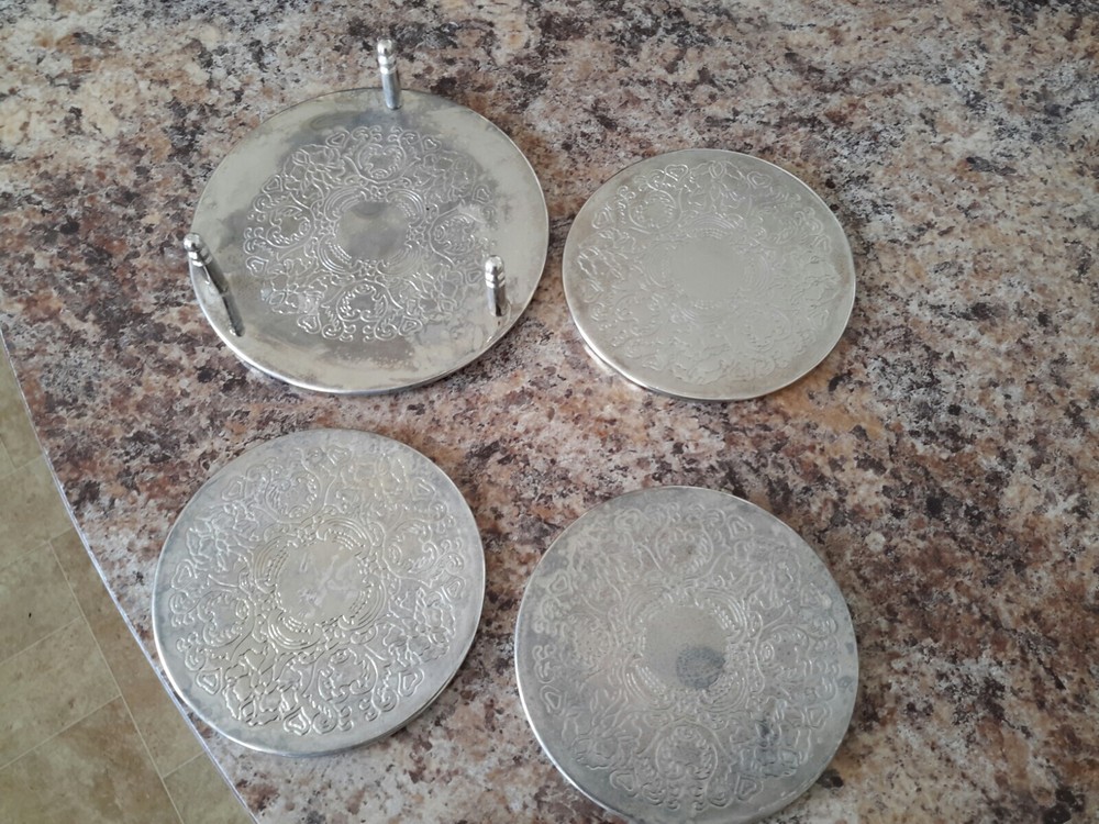 SET OF THREE SILVER PLATED COASTERS & WINE BOTTLE COASTER