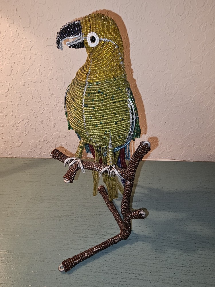 Vintage BeadWork On Wire Parrot On Perch-12" Tall, Excellent
