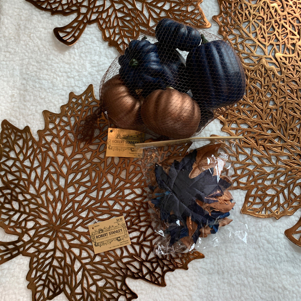 NEW Table Decor Fall Thanksgiving Navy & Copper Leaf Placemats & Pumpkins