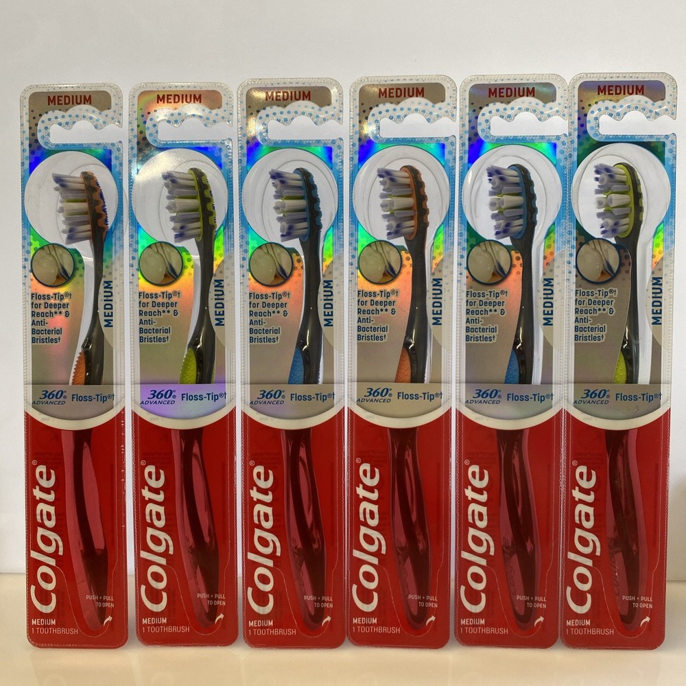 6 PACK - Colgate 360 Advanced Floss-Tip Medium Toothbrushes, Mix Colors