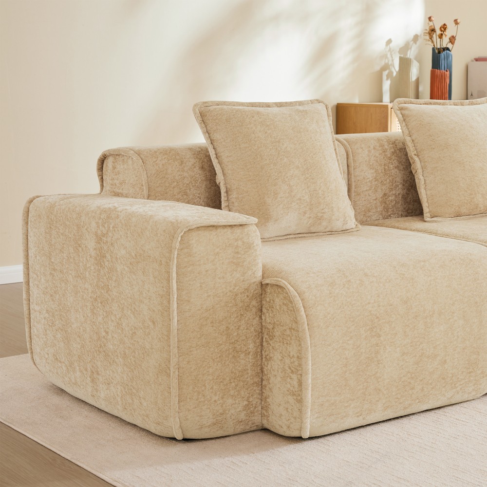 Modular 4-Seat Sofa w/ Throw Pillows, Velvet Fabric, Light Camel