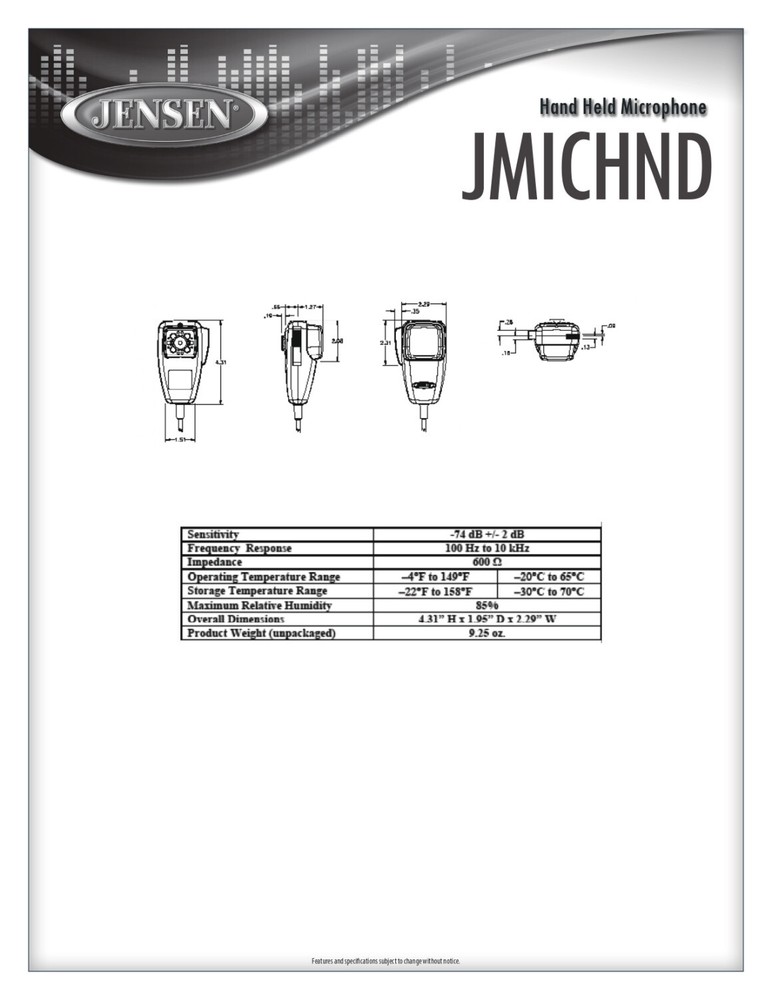 Jensen JMICHND Hand Held Microphone, Momentary Push to Talk Button