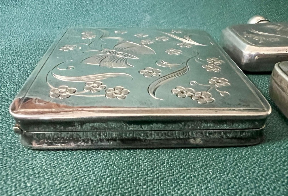 FABULOUS 835 SILVER 4 PIECE ETCHED CIGARETTE CASE COMPACT PERFUME PILL BOX SET