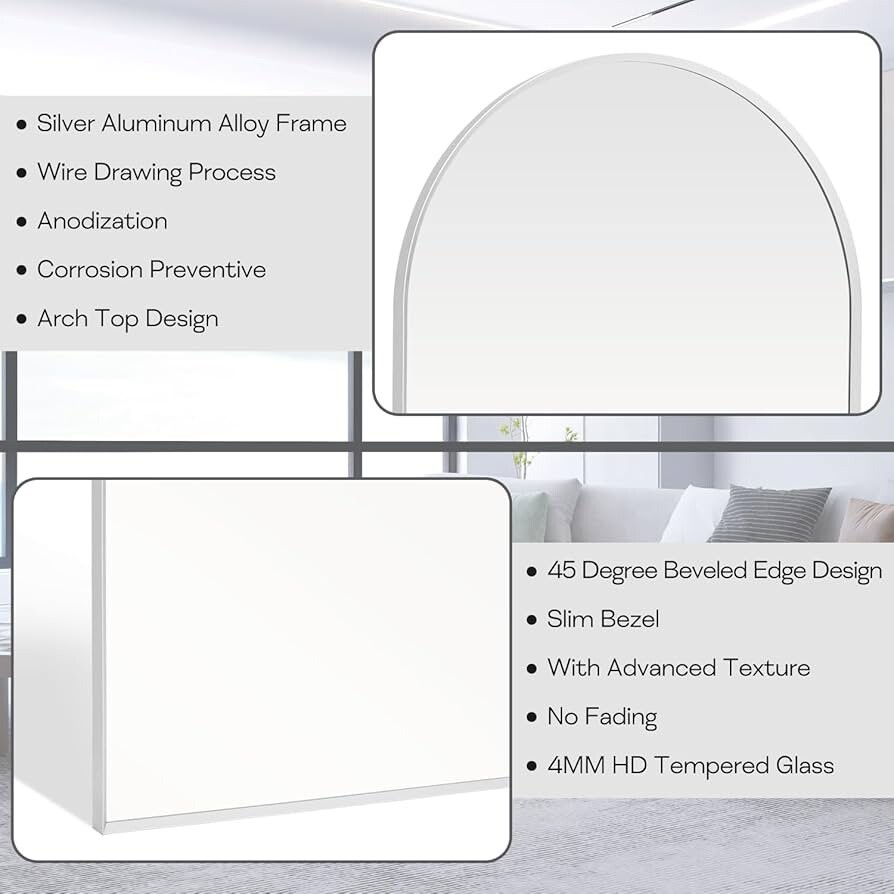 30" x 40" Silver Arched Mirror, Large Arch Bathroom Vanity Mirror (OPEN BOX)