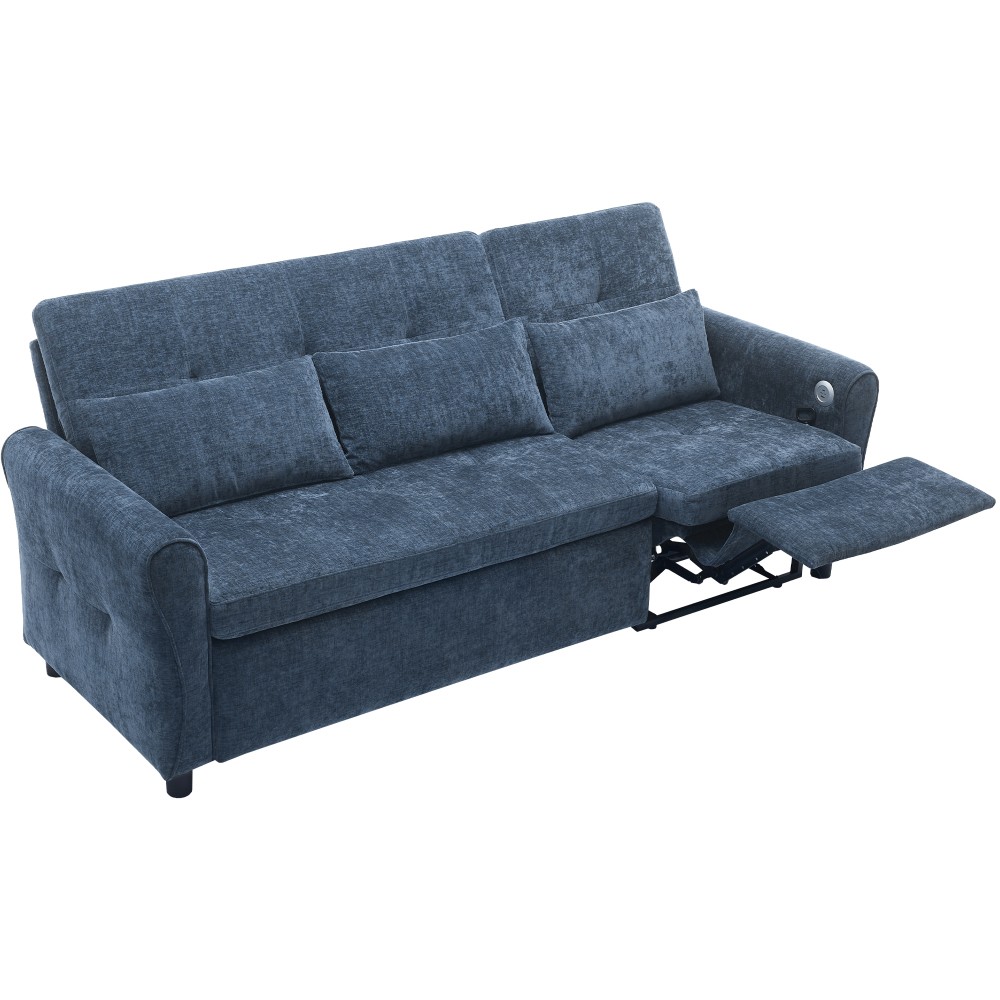 82" Blue Chenille Sofa Bed w/ Reversible Recliner, Adjustable Backrest, USB