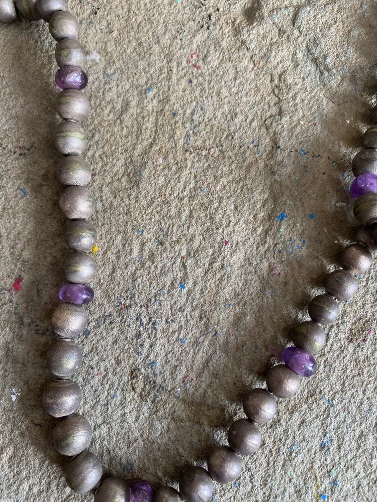 Beaded Necklace Amethyst Pewter Silver Tone Mid Length