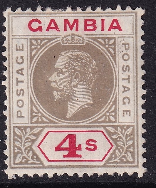 GAMBIA-1922 4/- Black & Red.  A mounted mint example Sg 117