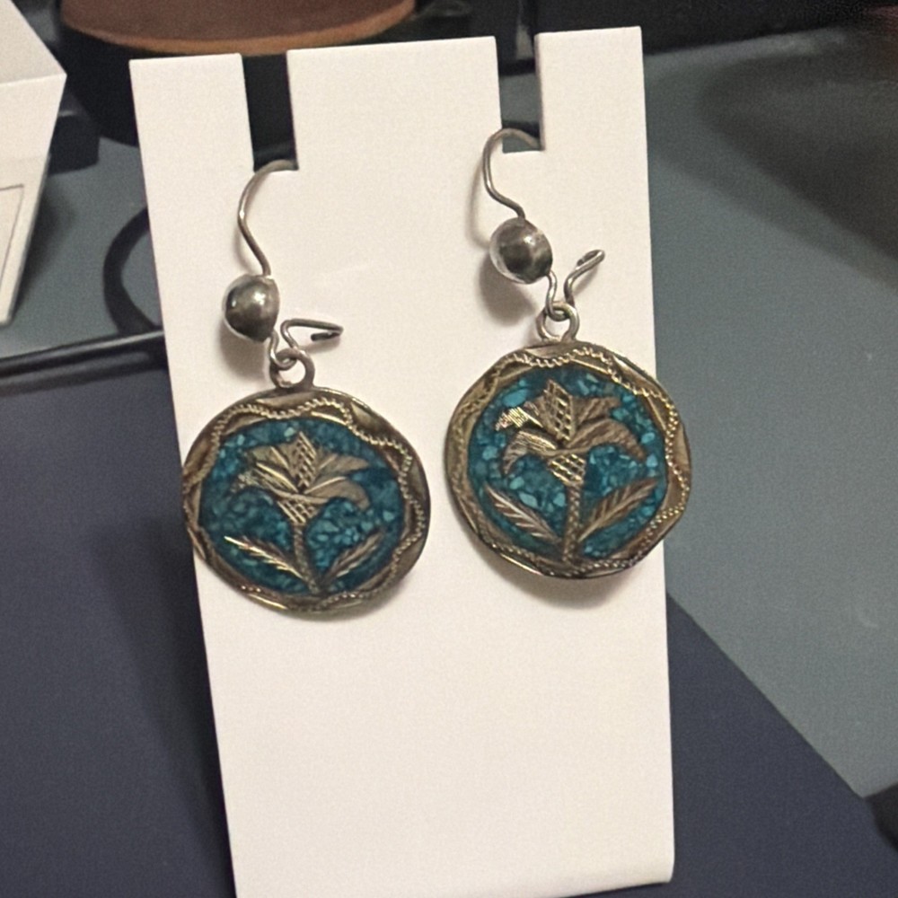 Signed Native American Silver Turquoise Inlay Earrings