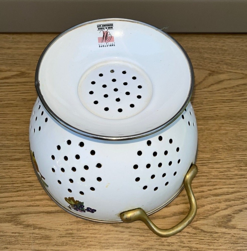 Vintage White Colander Strainer Handles Fruit Cherries Design