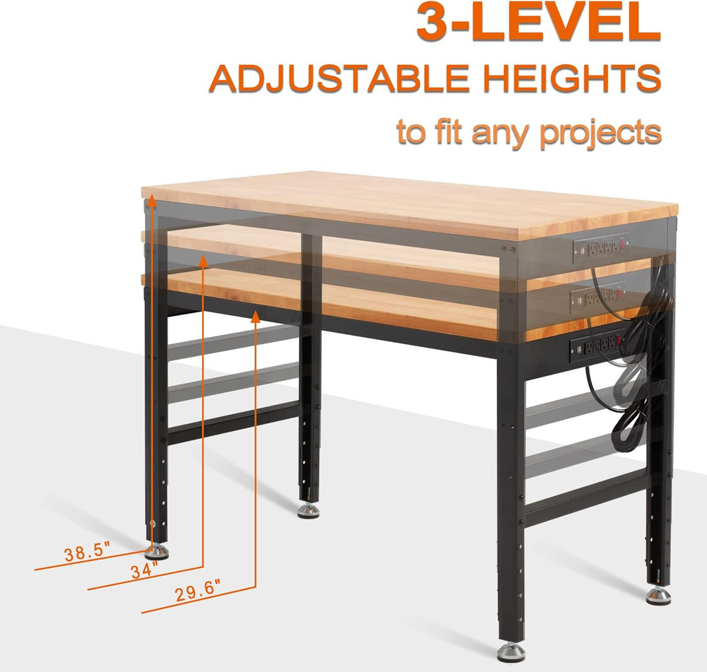 Haddockway Adjustable Workbench for Garage,48"X 24" Rubber Wood Top Worktable wi