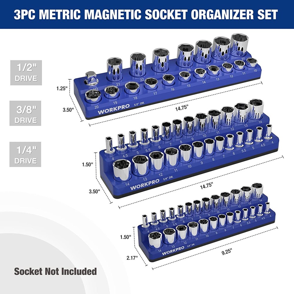 WORKPRO Magnetic Socket Organizer Set 3PC Socket Holder Set 1/4"3/8"&1/2"Drive