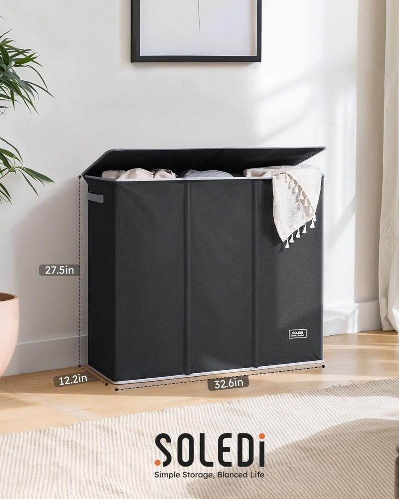 SOLEDI 180L Laundry Hamper 3 Section, Extra Large Laundry Hamper with Lid, Di...