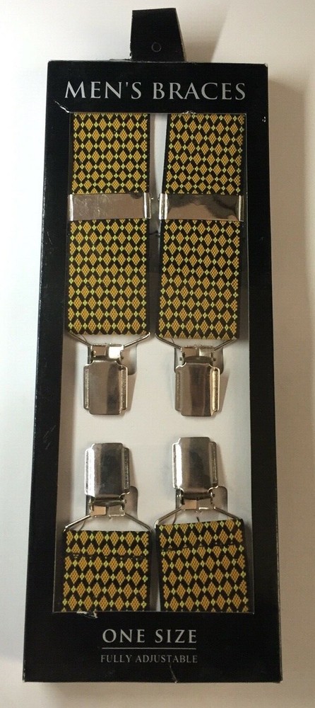 Mens Braces Yellow Diamond Design One Size Fully Adjustable Chrome Fitting BG1