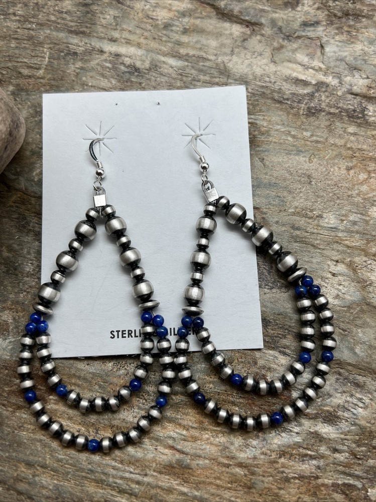 Sterling Silver Pearls Double Loop Lapis Bead Earrings.