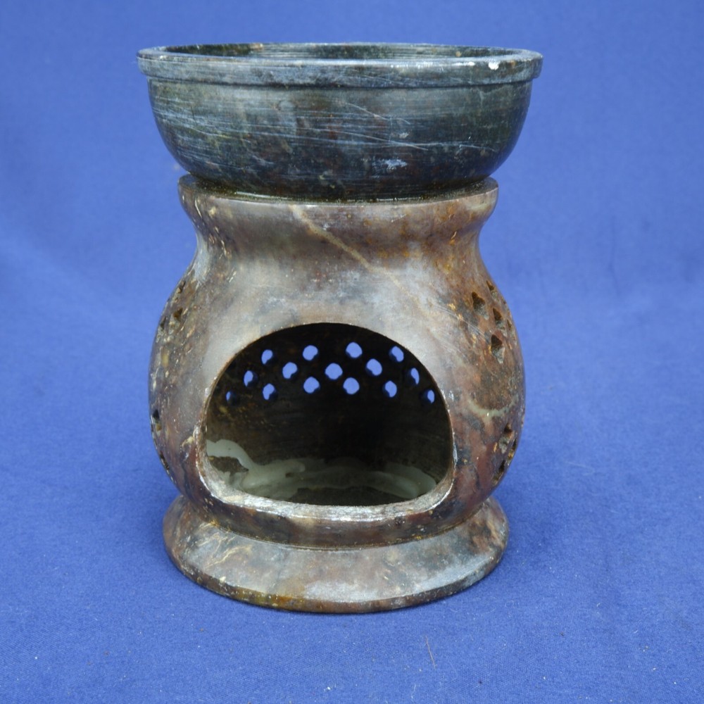 Intricate Carved Stone Essential Oil Incense Burner Diffuser  Brown Marble