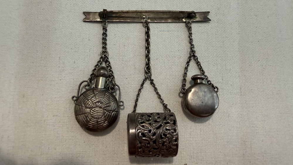Victorian Sterling Silver Chatelaine with Vinaigrette, Bottles, Thimble