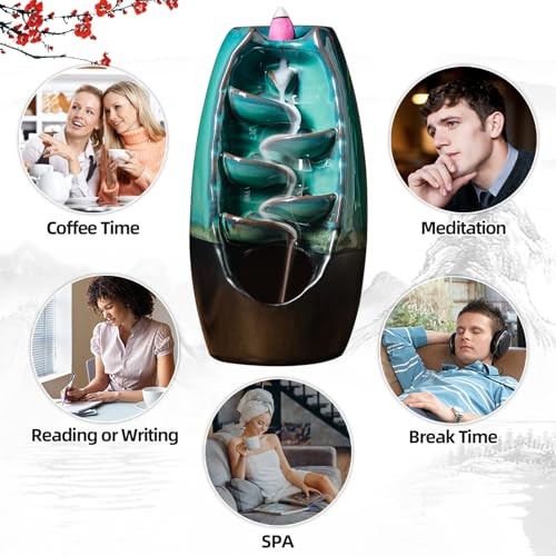 Ceramic Incense Burner with 100 Upgraded Cones, Waterfall Backflow Cyan