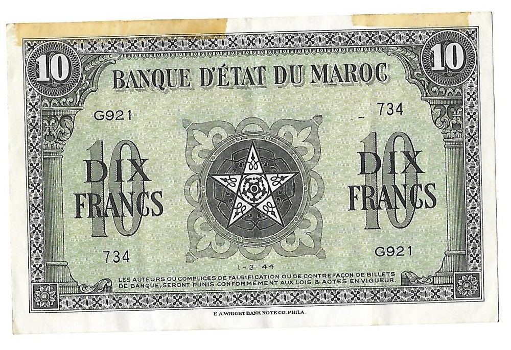 1944,  MOROCCO 10 FRANC BANKNOTE, CIRCULATED.