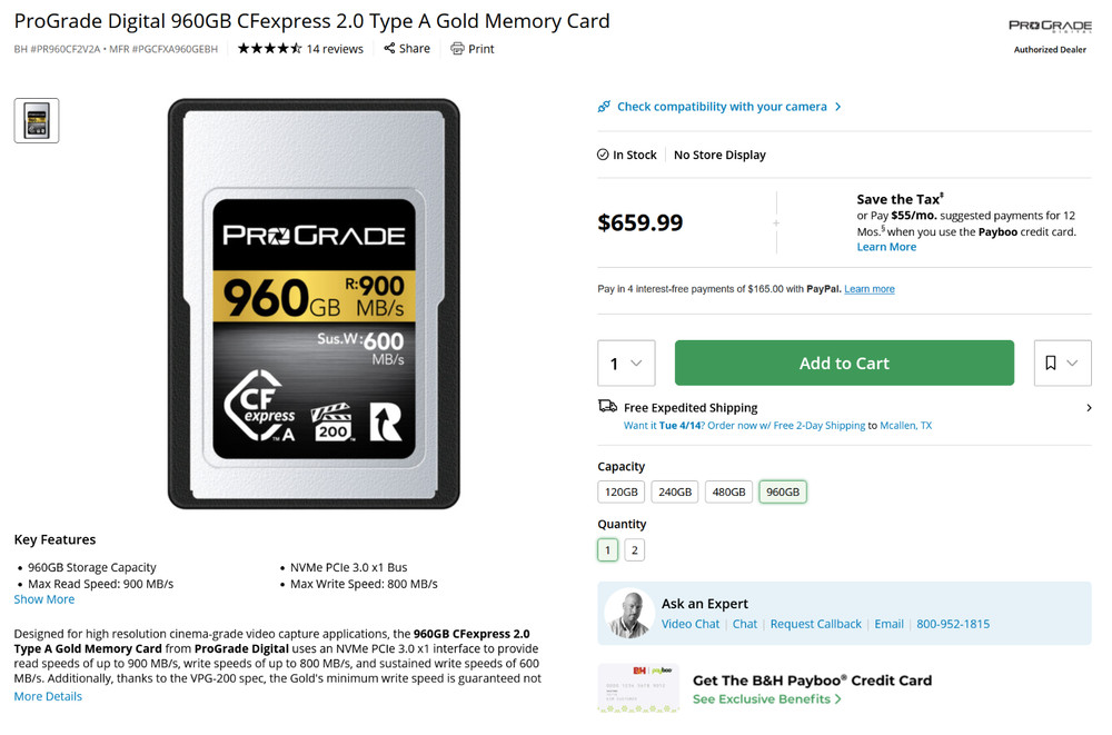Prograde Cfexpress Type A gold 960gb
