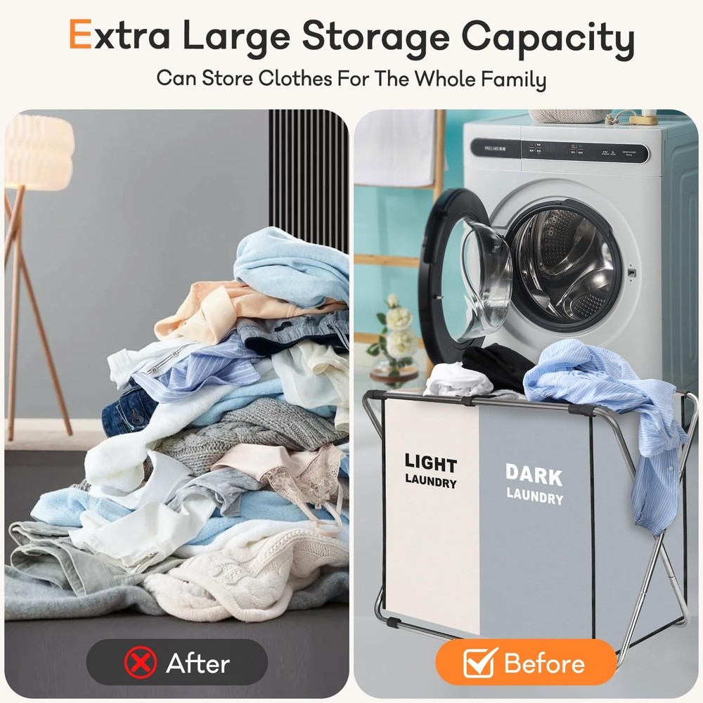 Laundry Cloth Hamper Sorter Basket Bin Foldable 2 Sections with stainless ste...