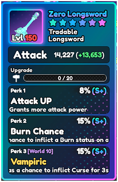 World Zero WZ - ZERO LONGSWORD - LVL 150 - S+ PERKS