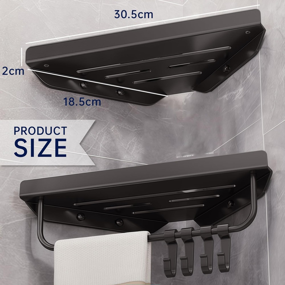 2 Pack Black 2Layer Bathroom Corner Shower Caddy Shelves 4 Hooks Rust Proof