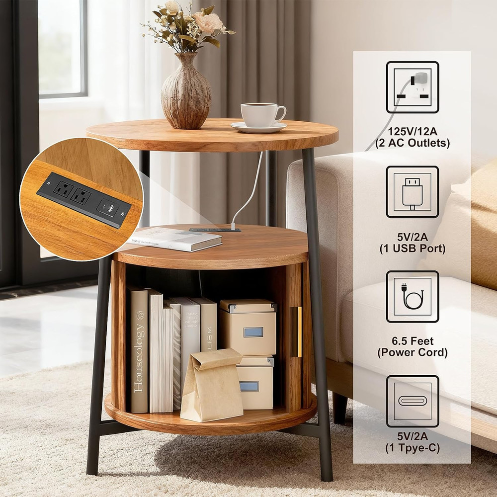 Mid-Century Modern Side Table with Storage & Charging Station, Yellow Walnut