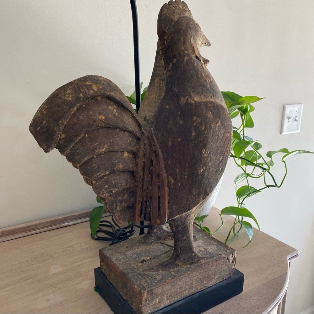 Rustic Handmade Wood Carved Rooster Lamp