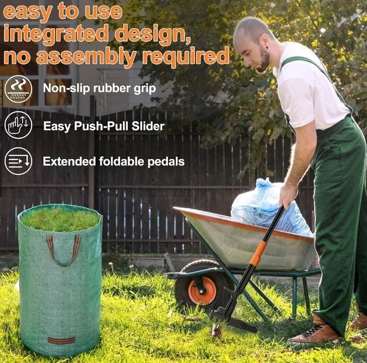 Weed Puller Tool Stand-Up - 40" Long Handle Picker with Leaf Bag, Orange