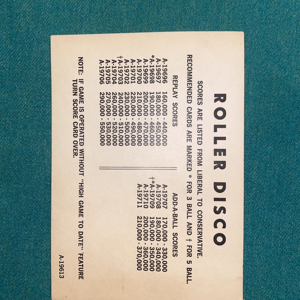 Gottlieb Roller Disco instruction cards