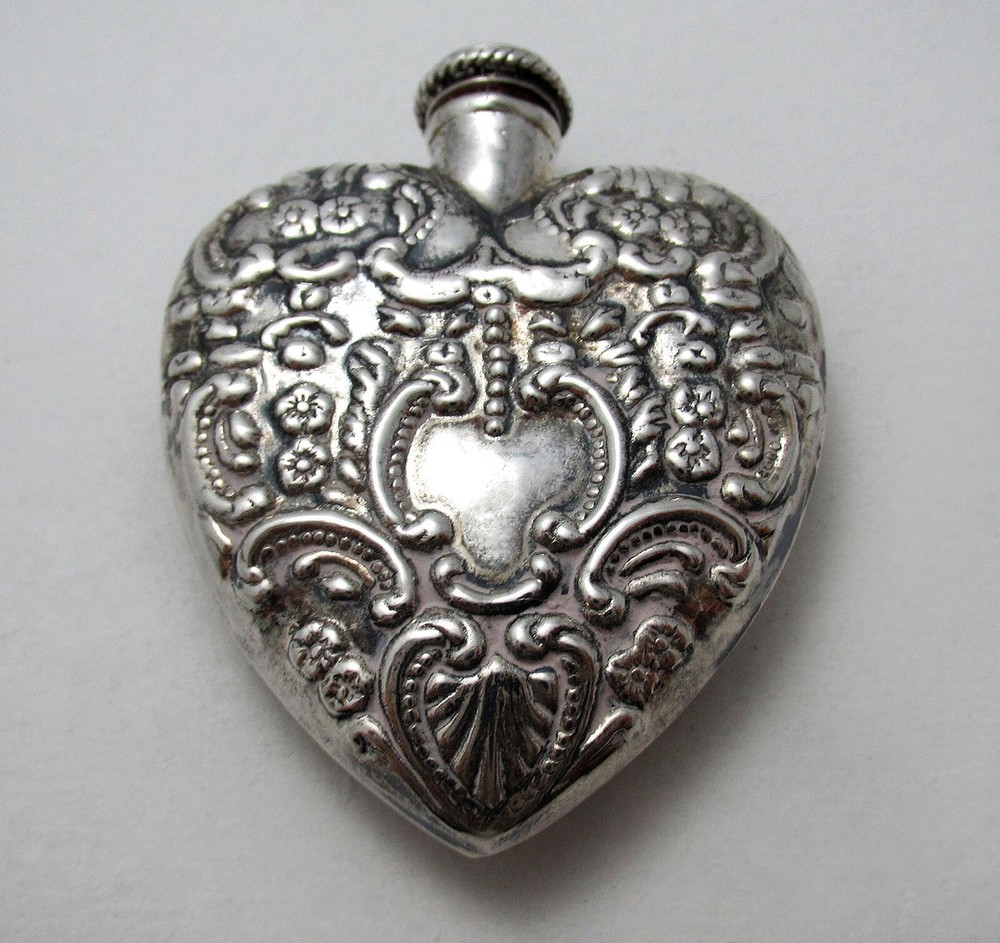 Vintage/Antique Heart Sterling Silver Scent Perfume Bottle Pendant Chatelaine