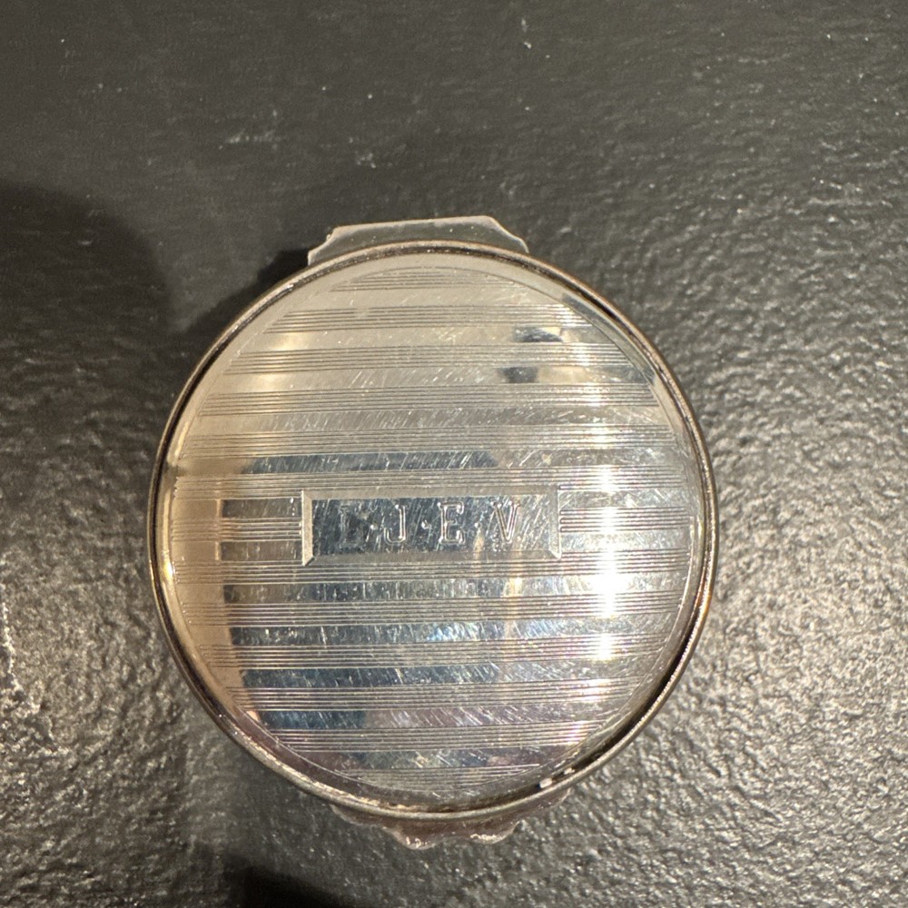 Reed & Barton Sterling Silver Round Pill Box With Engine Turned Lid and Monogram