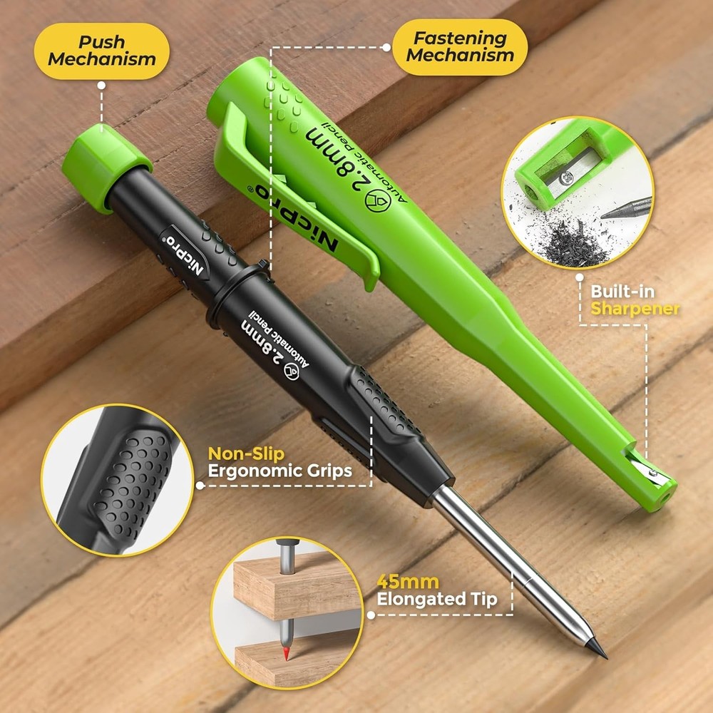 Nicpro Carpenter Pencil with Sharpener, CP3000 Black Green