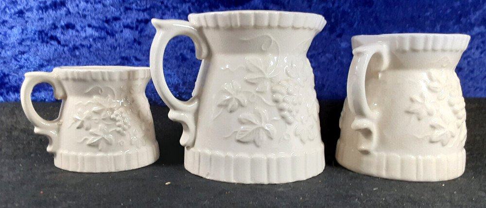 Vintage Ceramic Creamer / Measuring Cup set; Grapevine Pattern; 2,4,8 oz; EX