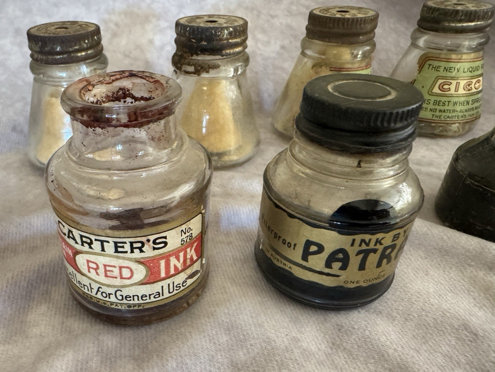 LOT Vtg 7 School Jars- 4 Carter's Cico Liquid Paste Glue Bottles 3 Assorted Inks