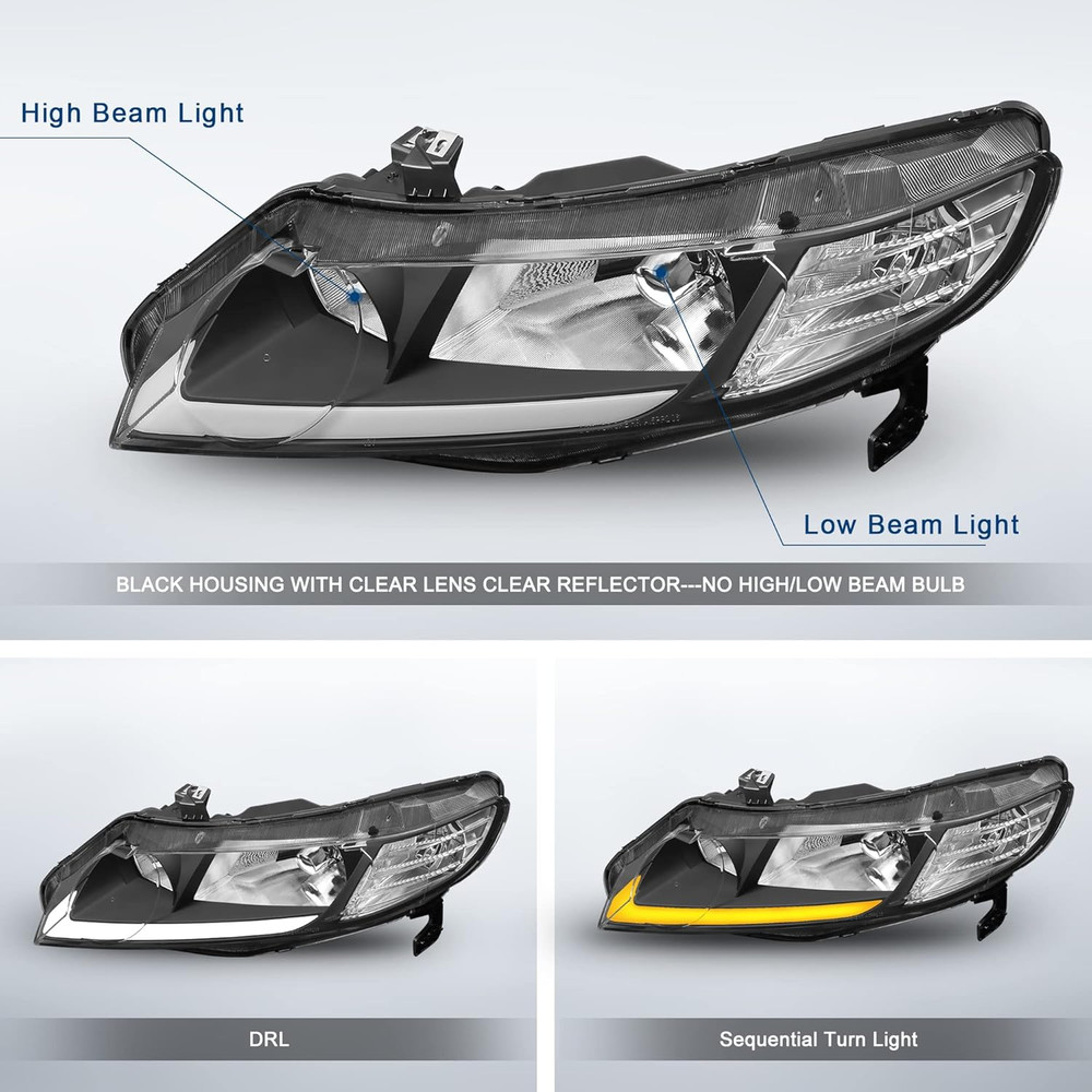 Headlight Assembly Compatible with Honda Civic 2006-2011 Front Lamp with Sequent